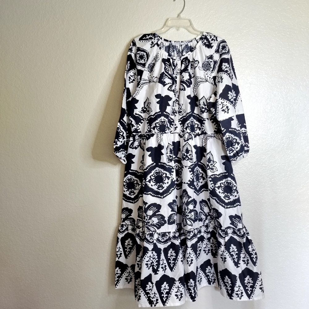 CHICO’S Puff Sleeve Tiered Maxi Dress Pockets Poplin Floral Boho Sz 14